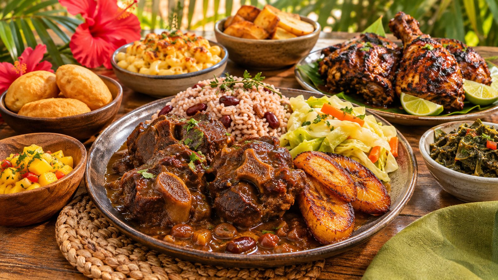 A Caribbean spread of oxtail, rice and peas, jerk chicken, fried plantains, cabbage, mac and cheese and collard greens
